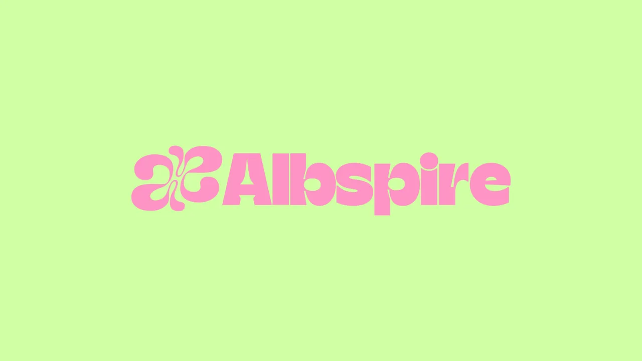 Albspire pink logo on a pale green background