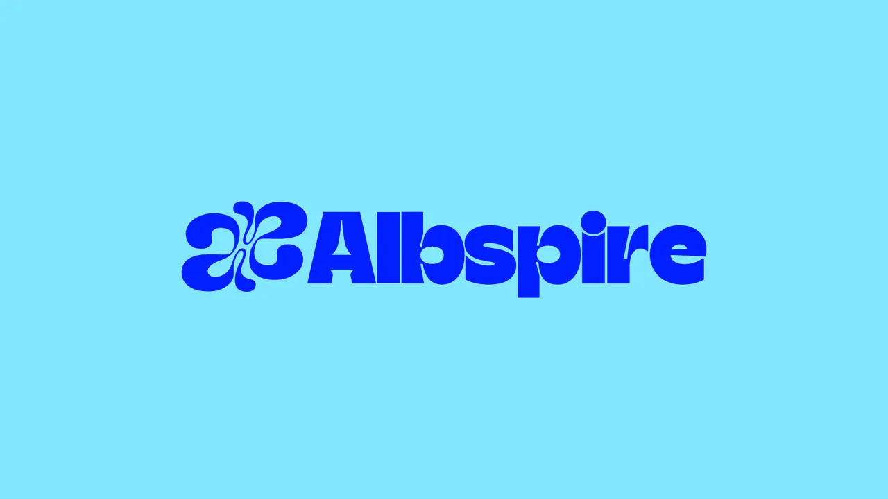 Albspire blue logo on a sky blue background