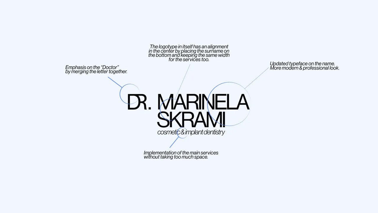 Annotated Dr. Marinela Skrami wordmark showing the lettering, alignment and service descriptor