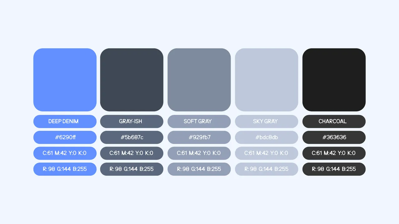 Dr. Marinela Skrami colour palette with blue, grey and charcoal swatches
