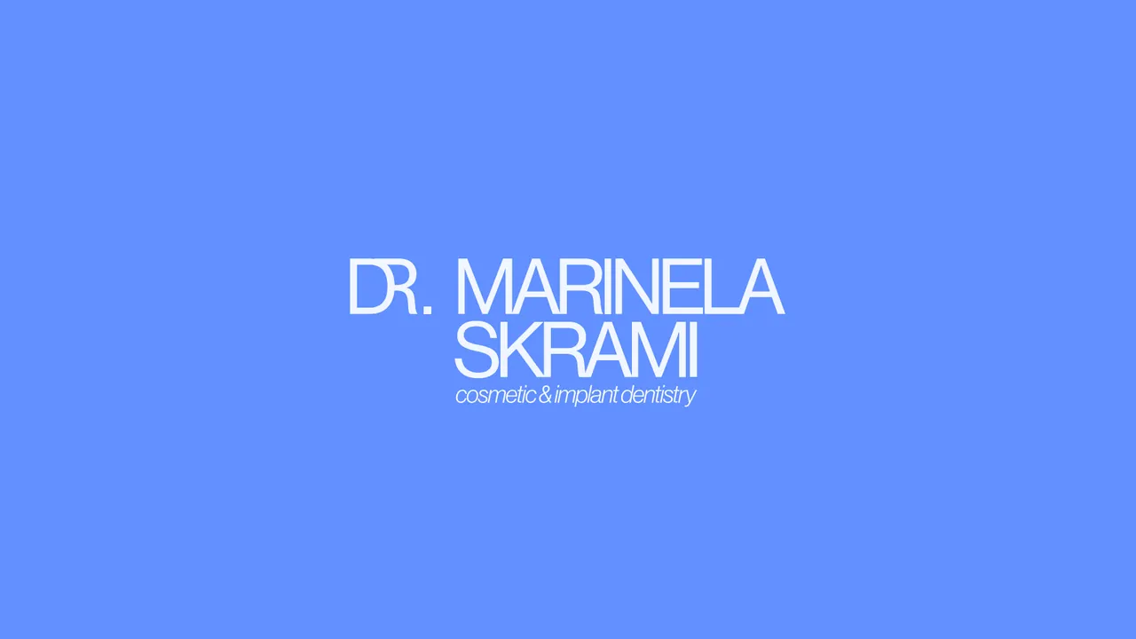 Dr. Marinela Skrami white dentistry wordmark on a blue background