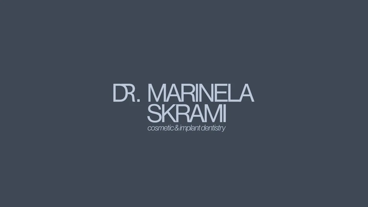 Pale Dr. Marinela Skrami wordmark on a dark slate background