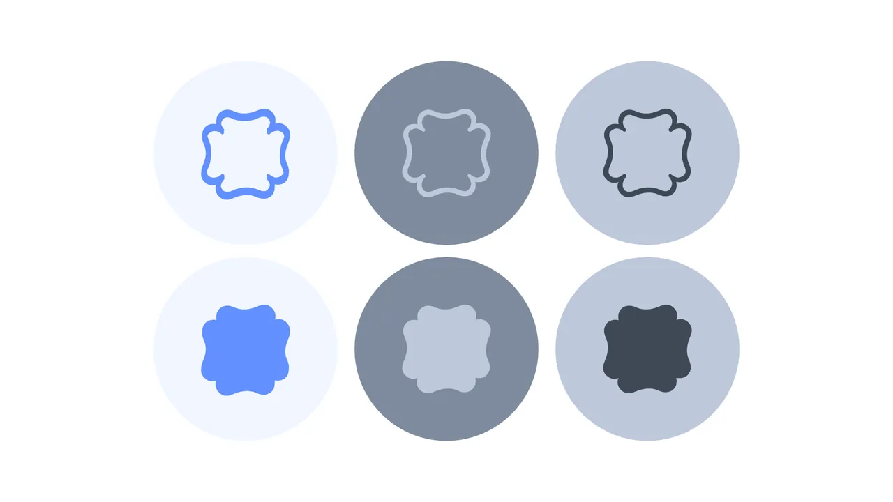 Outlined and filled rounded emblems in pale and grey circular fields