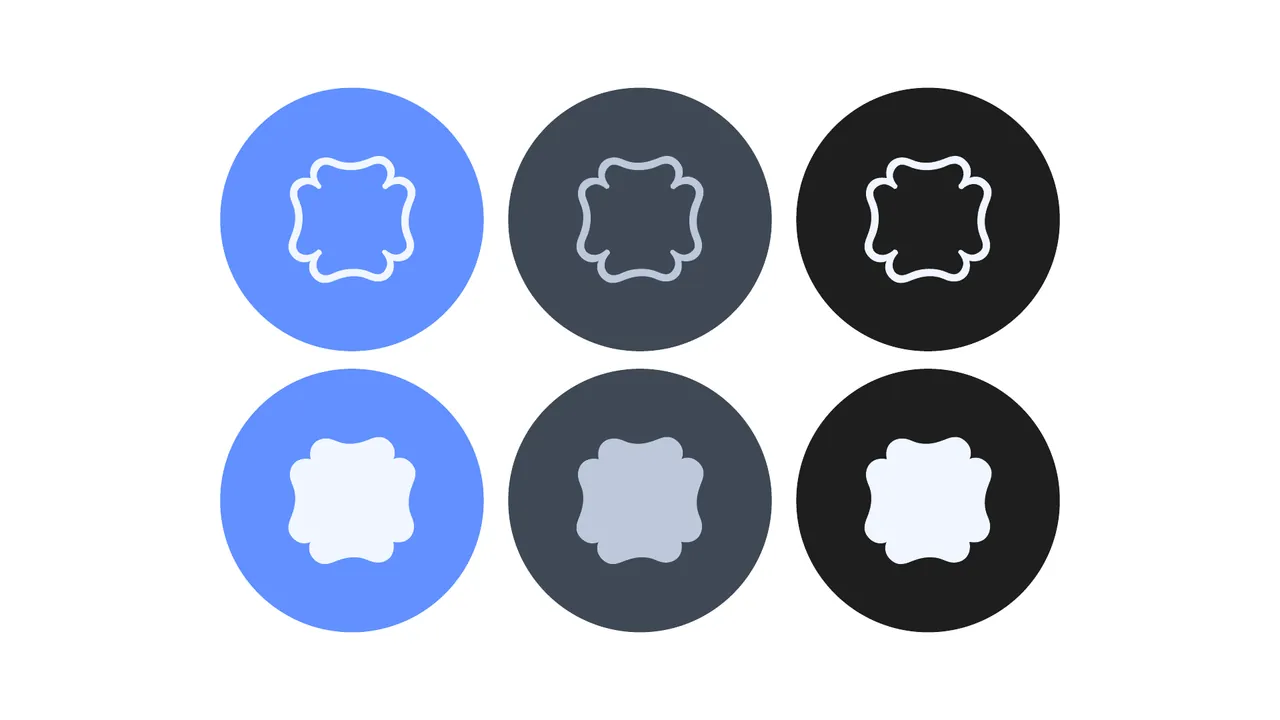 Outlined and filled rounded emblems in blue, dark slate and charcoal circular fields