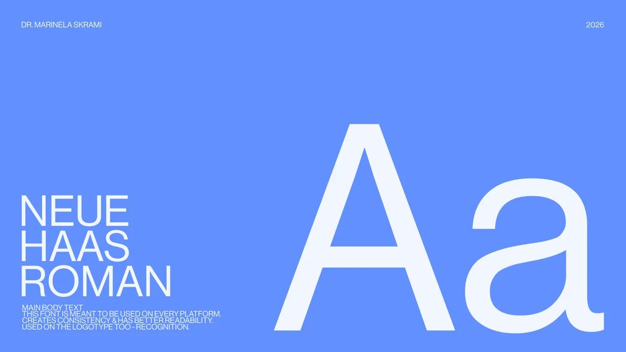 Neue Haas Roman body typeface specimen for the Dr. Marinela Skrami identity