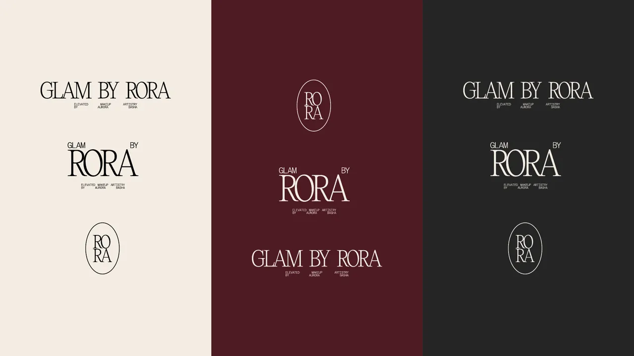 Glam by Rora serif wordmarks and oval monogram in ivory, burgundy and charcoal
