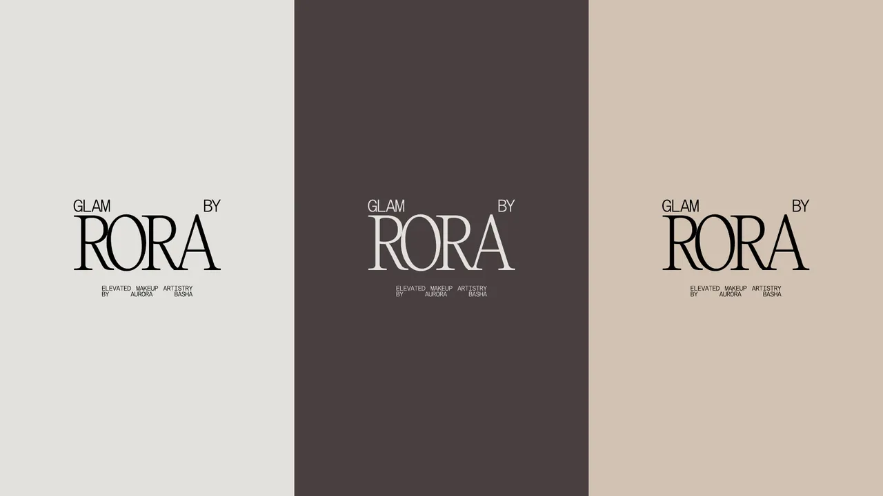 Glam by Rora stacked wordmark in pale grey, muted brown and warm beige colour variations