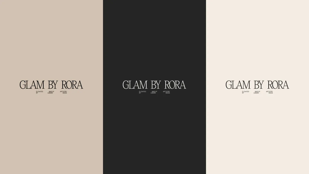 Glam by Rora horizontal wordmark across beige, charcoal and ivory panels