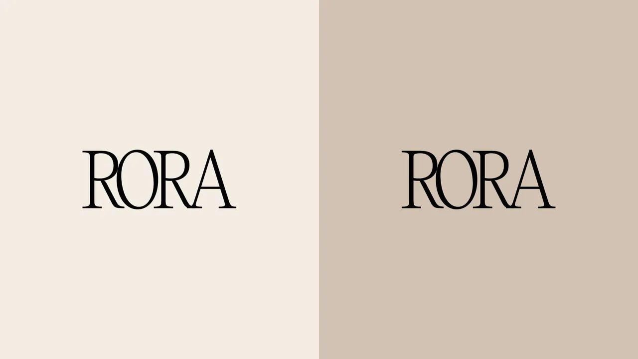 Rora serif wordmark in black across ivory and warm beige panels