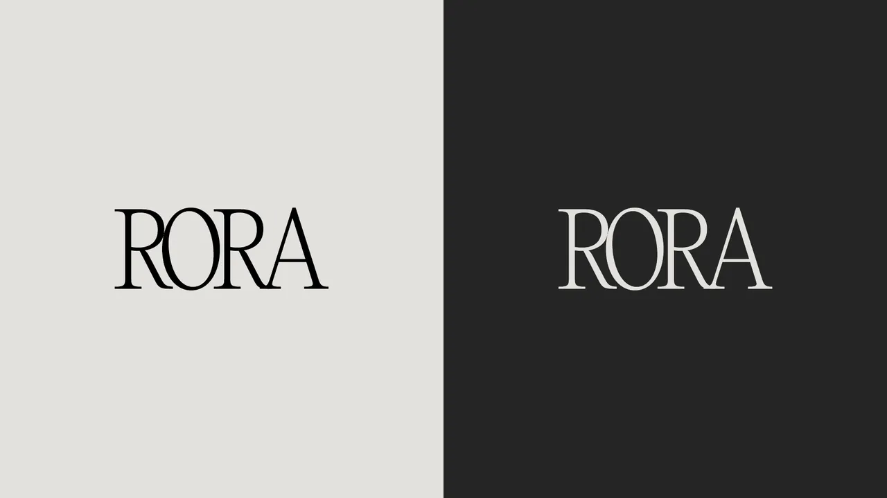 Rora serif wordmark in black on pale grey and ivory on charcoal