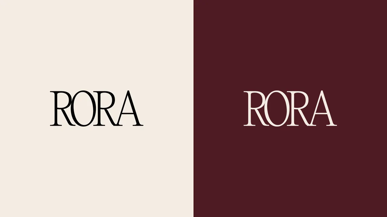 Rora serif wordmark in black on ivory and ivory on burgundy