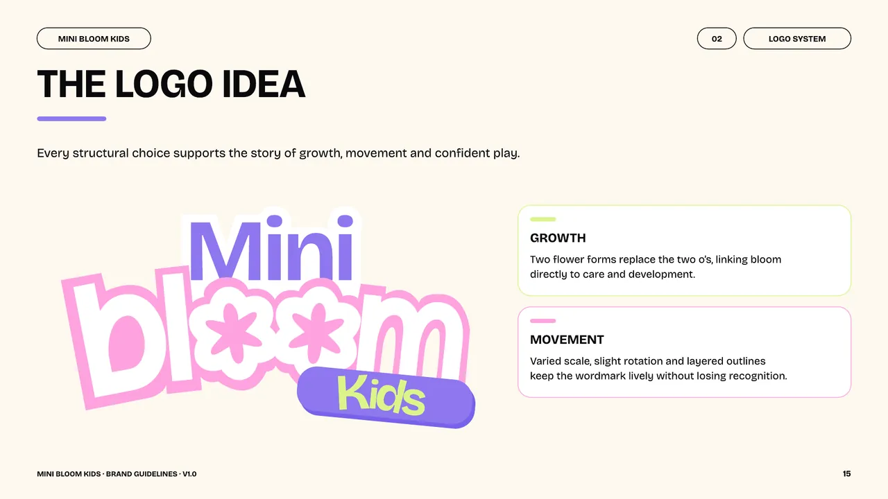 Mini Bloom Kids logo concept showing flower letterforms, layered outlines and playful movement