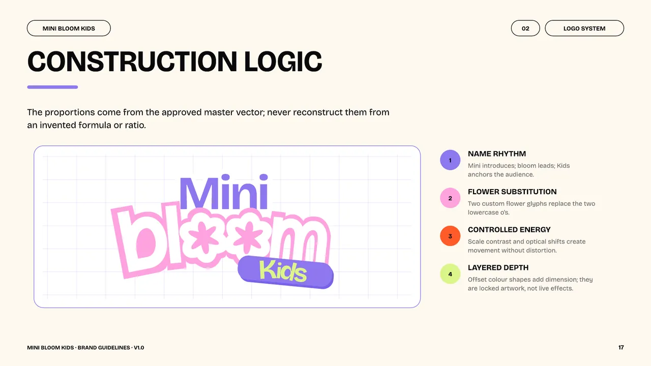 Mini Bloom Kids logo construction with a grid and notes on rhythm, flower forms and depth