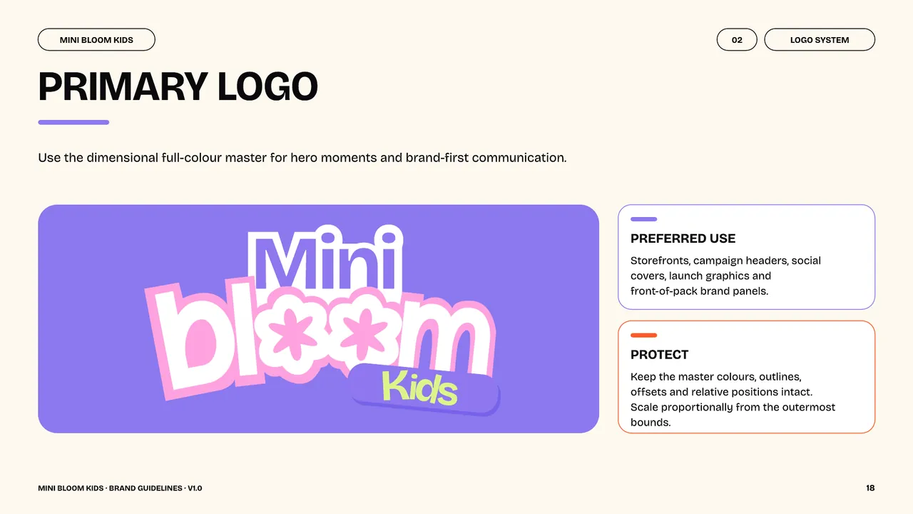 Mini Bloom Kids primary logo in pink, white and lime against a purple field