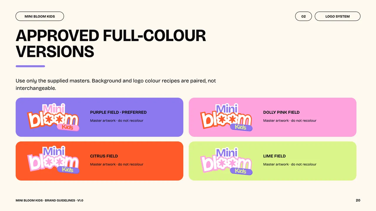 Approved Mini Bloom Kids full-colour logo versions on purple, pink, citrus and lime fields