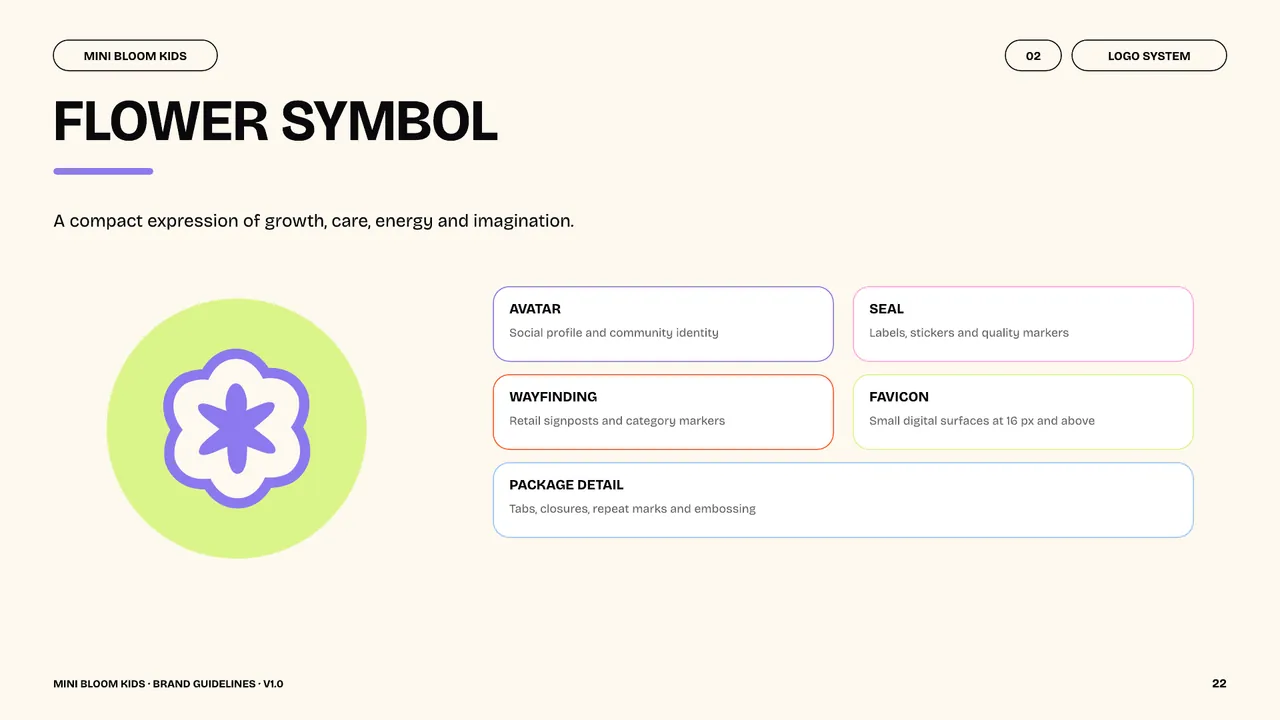 Mini Bloom Kids flower symbol with examples of its use as an avatar, seal and packaging detail