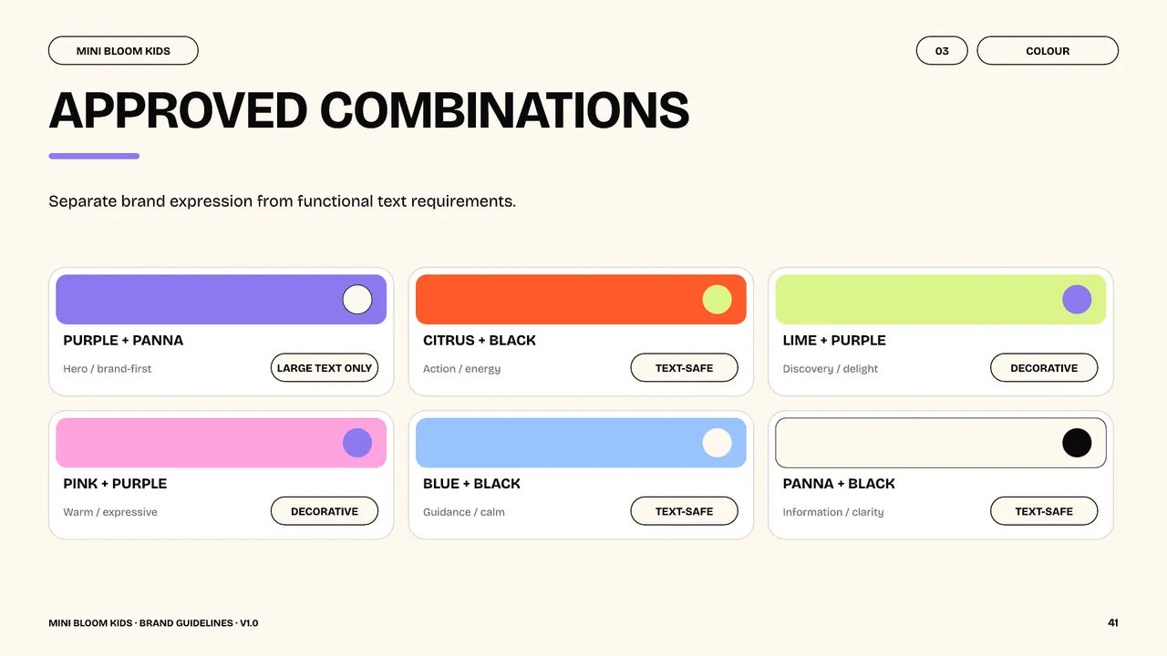 Approved Mini Bloom Kids colour combinations for typography and decorative graphics