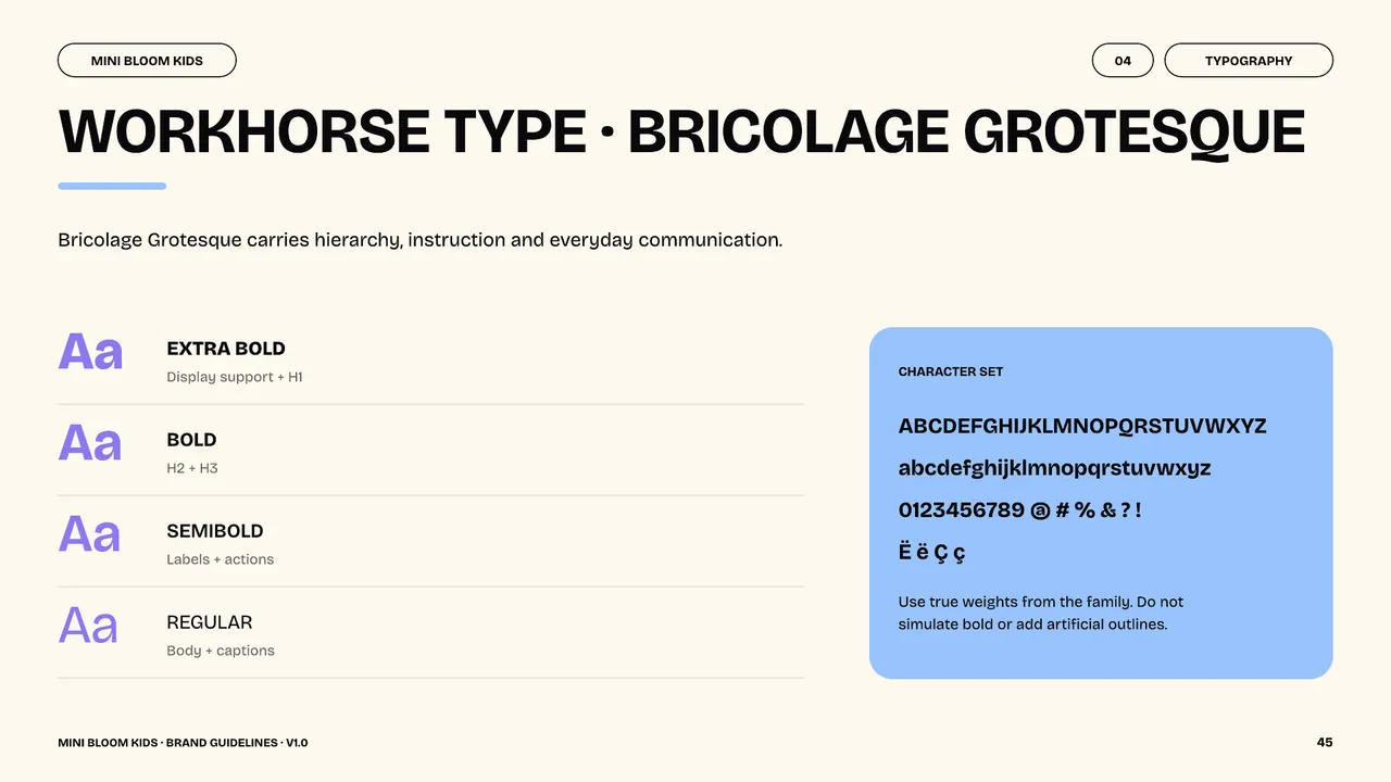 Bricolage Grotesque supporting typography for headings, labels and body copy