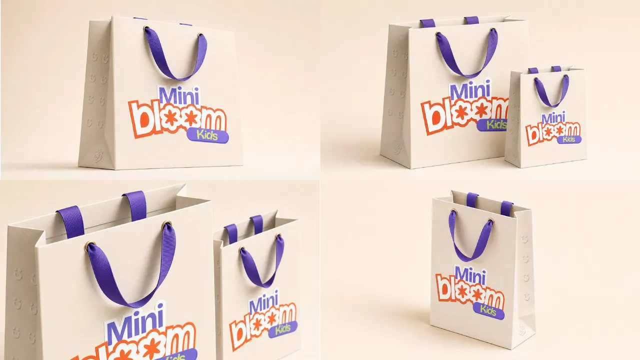 Mini Bloom Kids paper shopping bag mockups with purple handles and the colourful wordmark