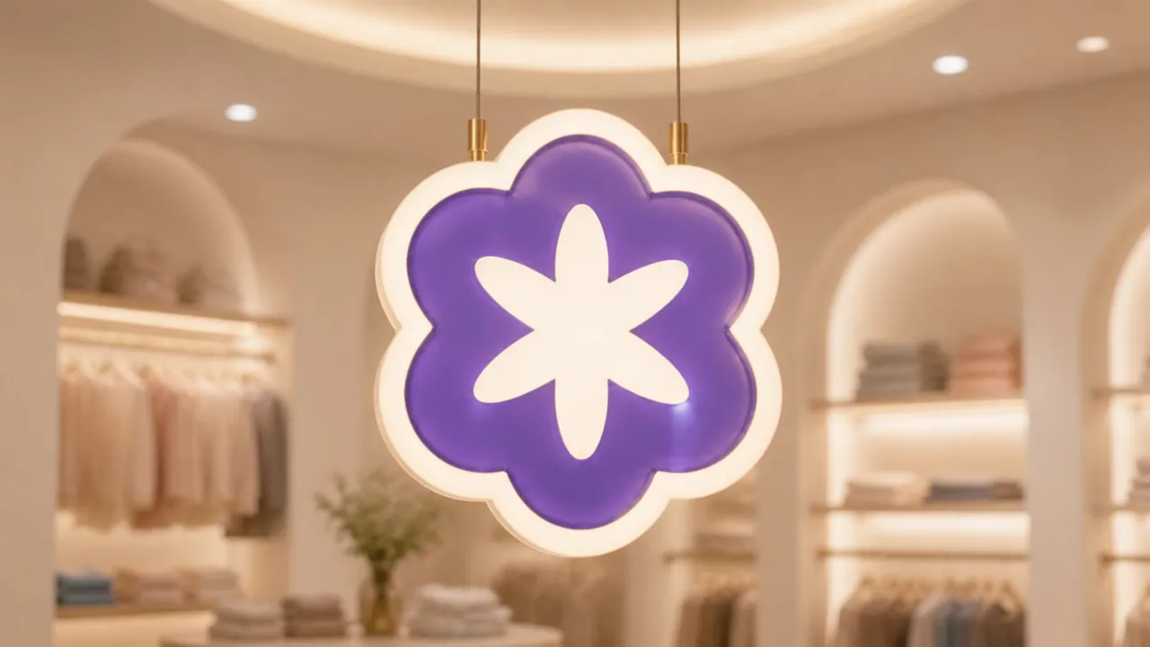 Mini Bloom Kids purple flower sign mockup in a softly lit interior