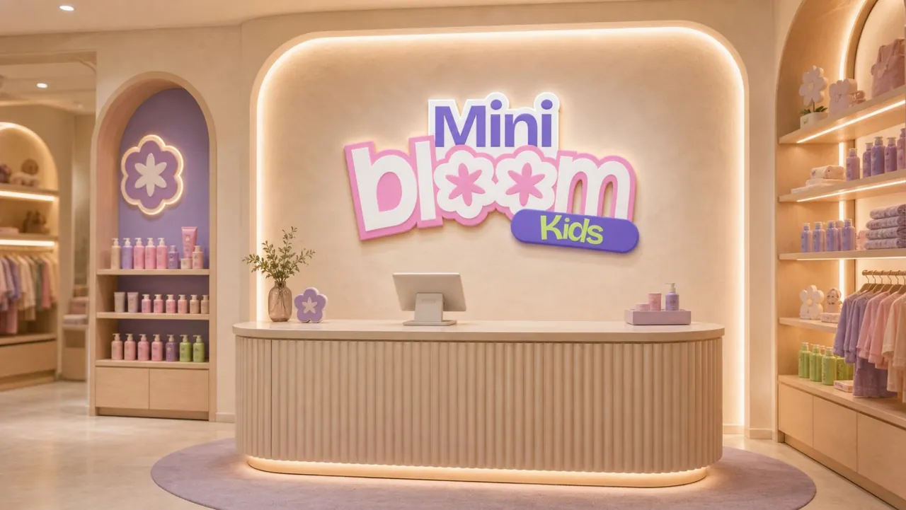 Mini Bloom Kids reception mockup with a pink and purple logo behind a curved counter