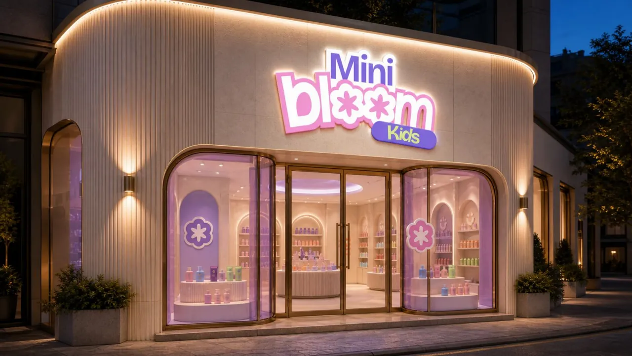 Mini Bloom Kids exterior mockup with illuminated signage and flower details