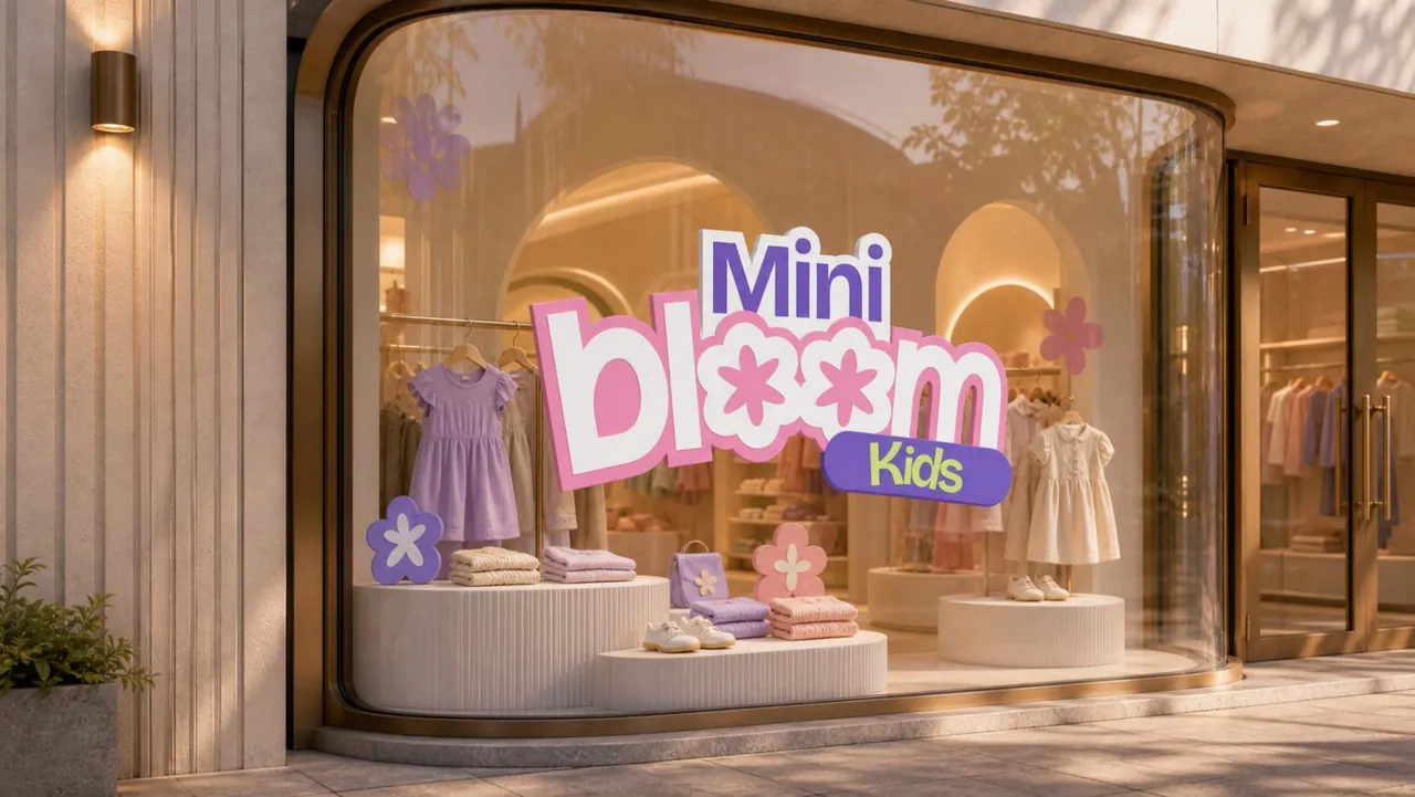 Mini Bloom Kids window display mockup featuring the wordmark and colourful flower motifs