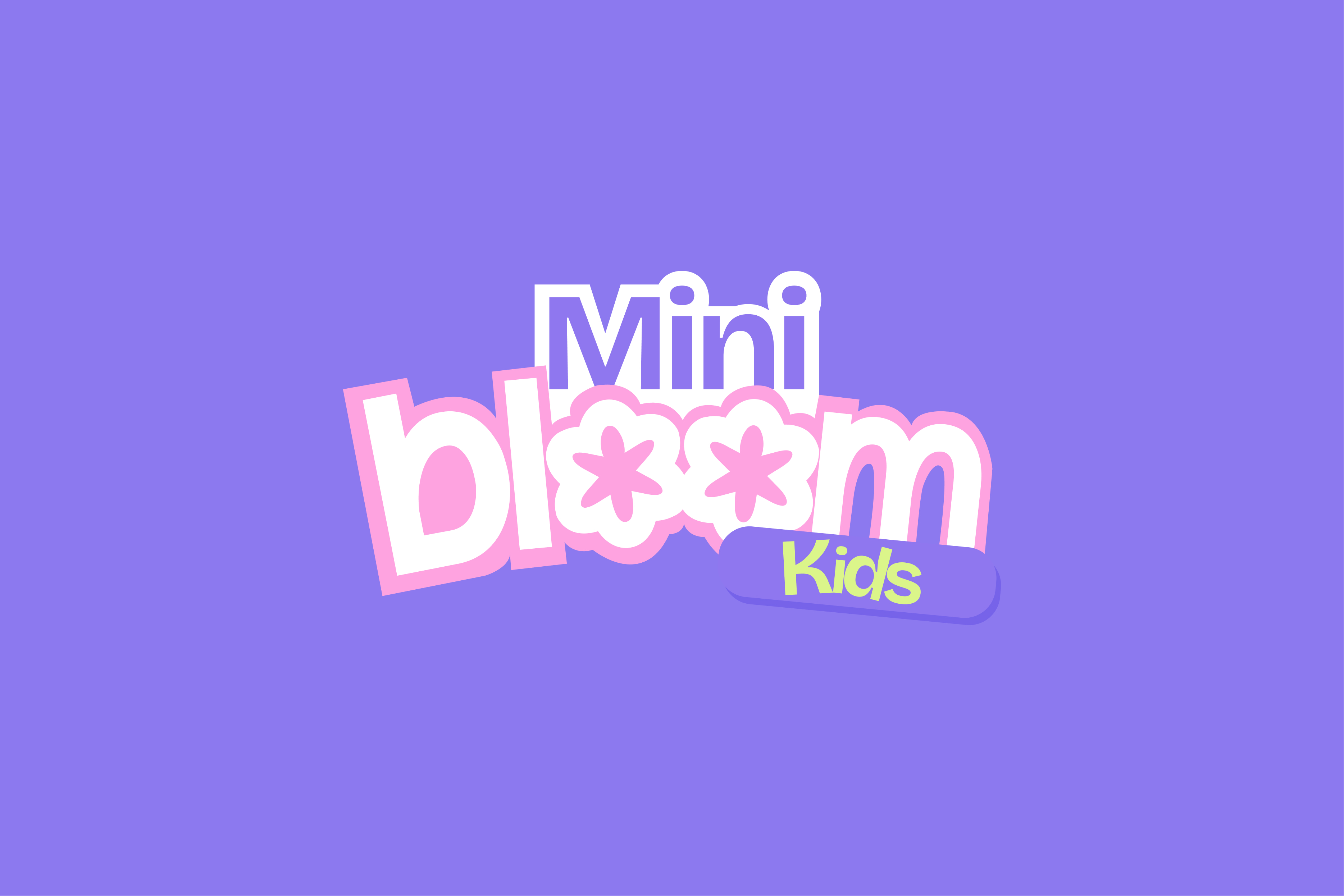 Mini Bloom Kids pink, white and lime flower wordmark on a purple background