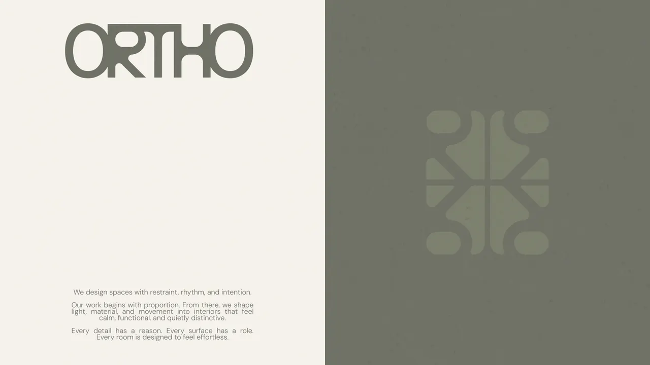 Ortho wordmark on warm ivory alongside a modular olive-green brand symbol