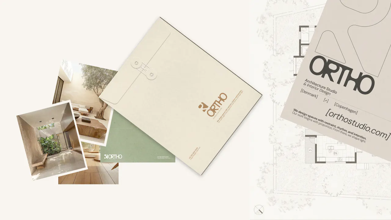 Ortho presentation folder, architectural photographs and branded printed materials