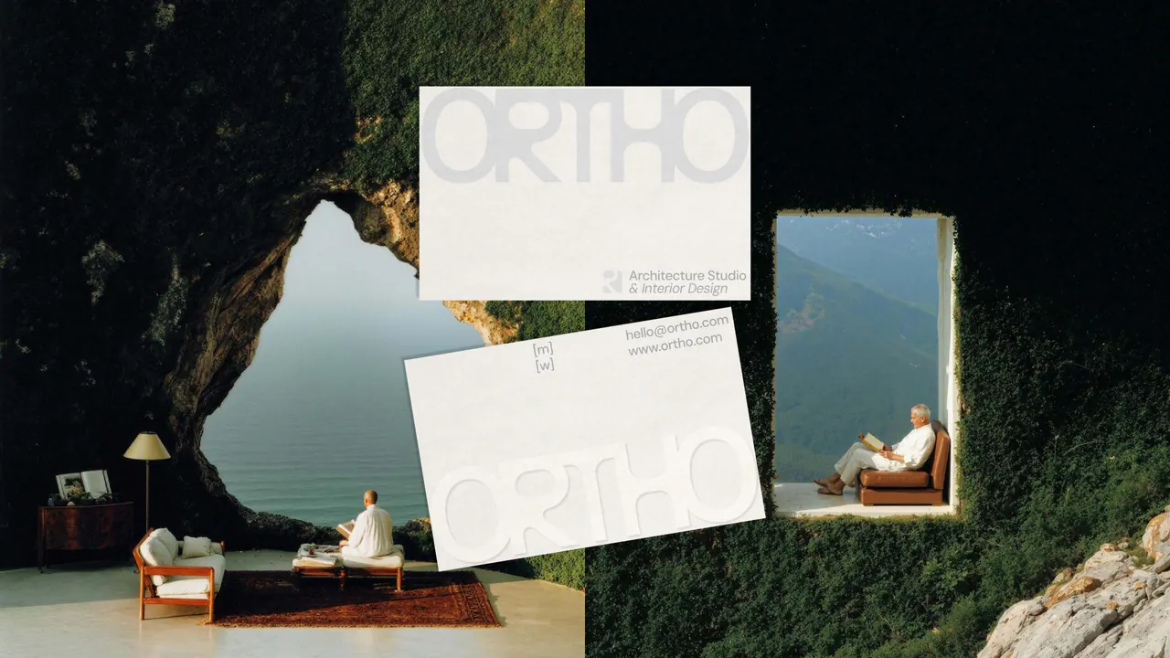 Embossed Ortho business cards against a moss-covered architectural setting