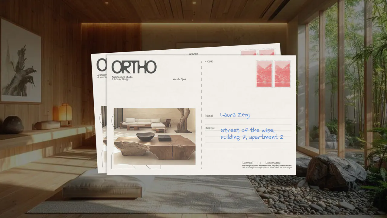 Ortho postcards with interior photography in a warm timber-lined space