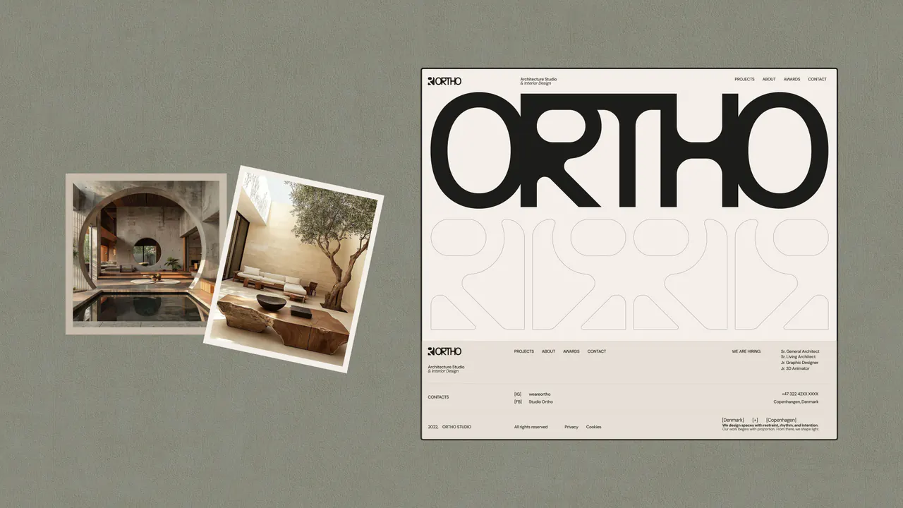 Ortho website identity with an oversized wordmark, outlined brand symbols and architectural photography