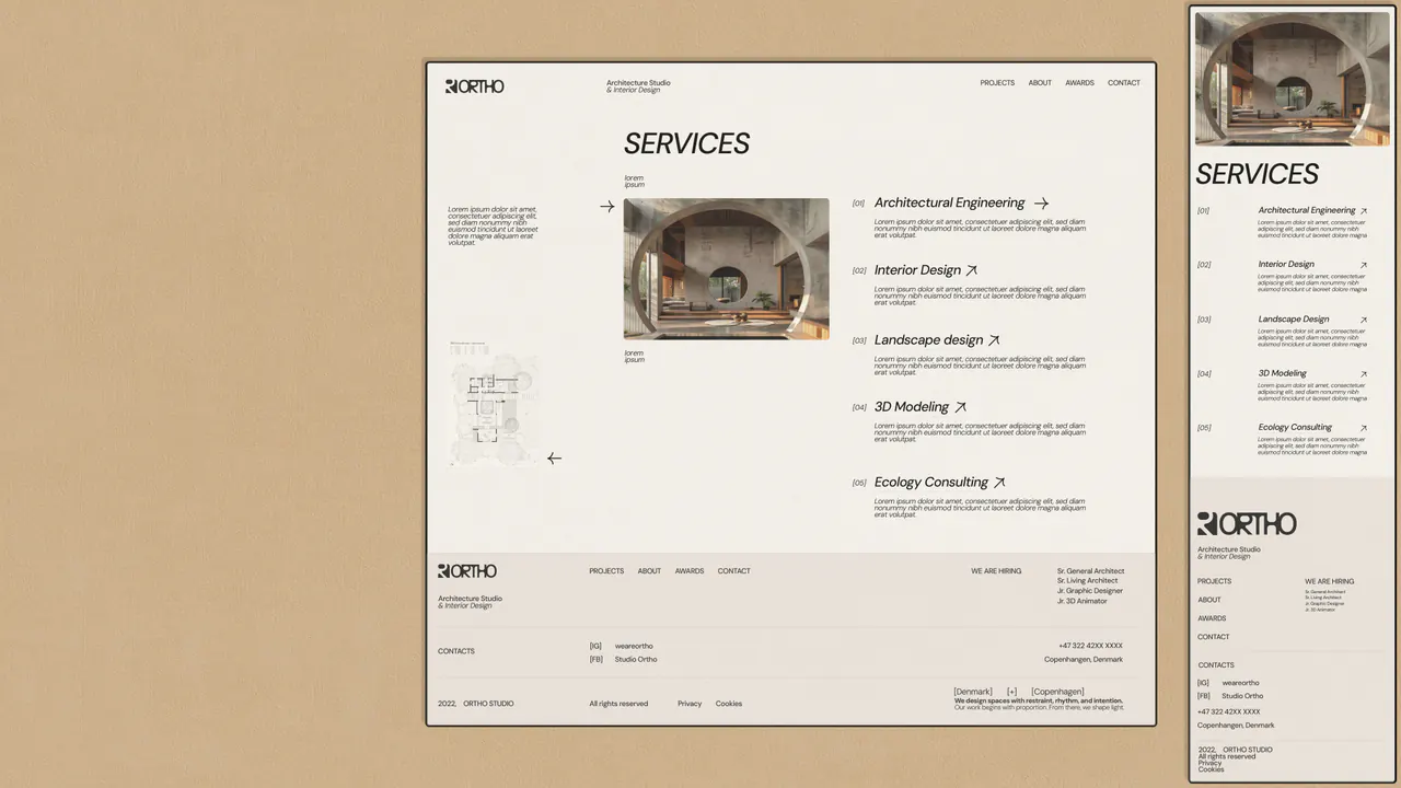 Desktop and mobile website layouts for Ortho architecture and interior design services