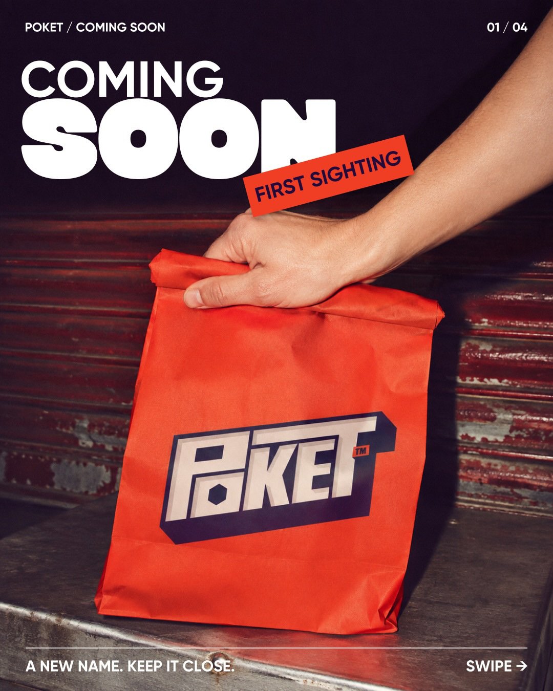 Coming Soon campaign with a red-orange POKET takeaway bag.