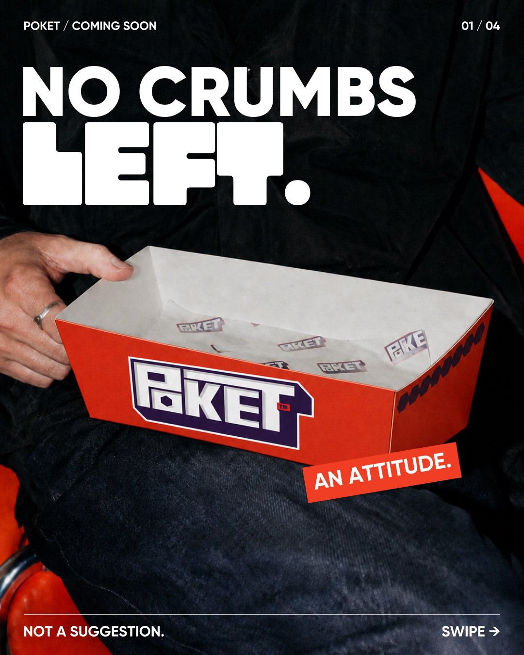 No Crumbs Left campaign with a branded POKET takeaway box.