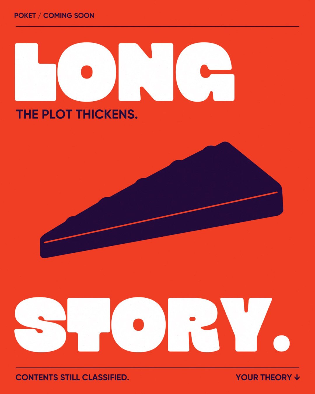 Long Story teaser with a purple triangular shape on red-orange.
