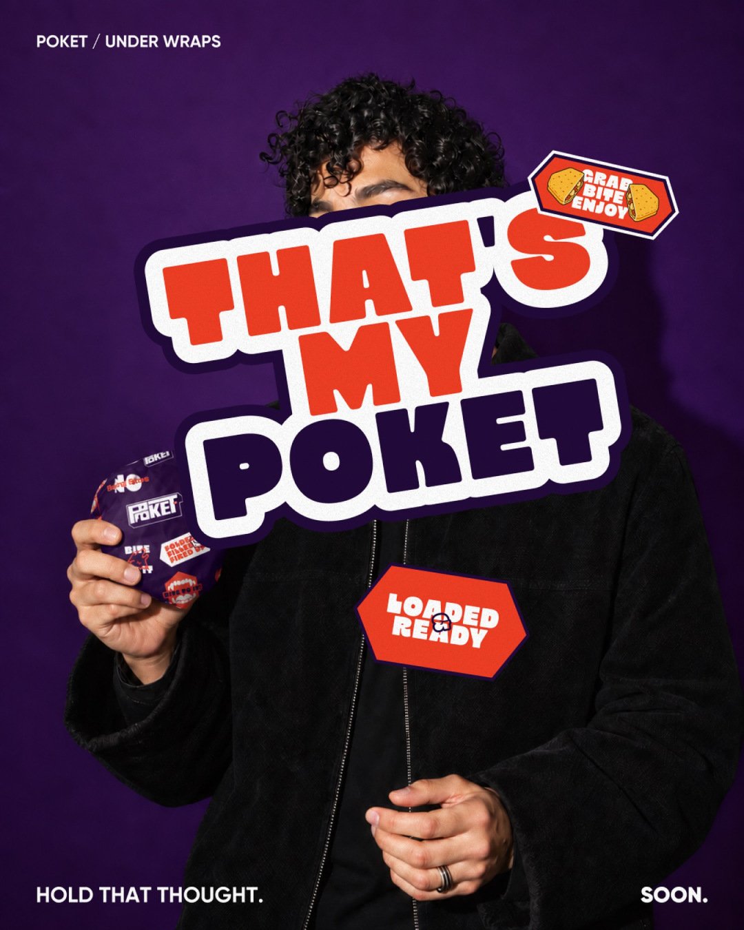 That's My POKET campaign with a person holding a large branded sticker.