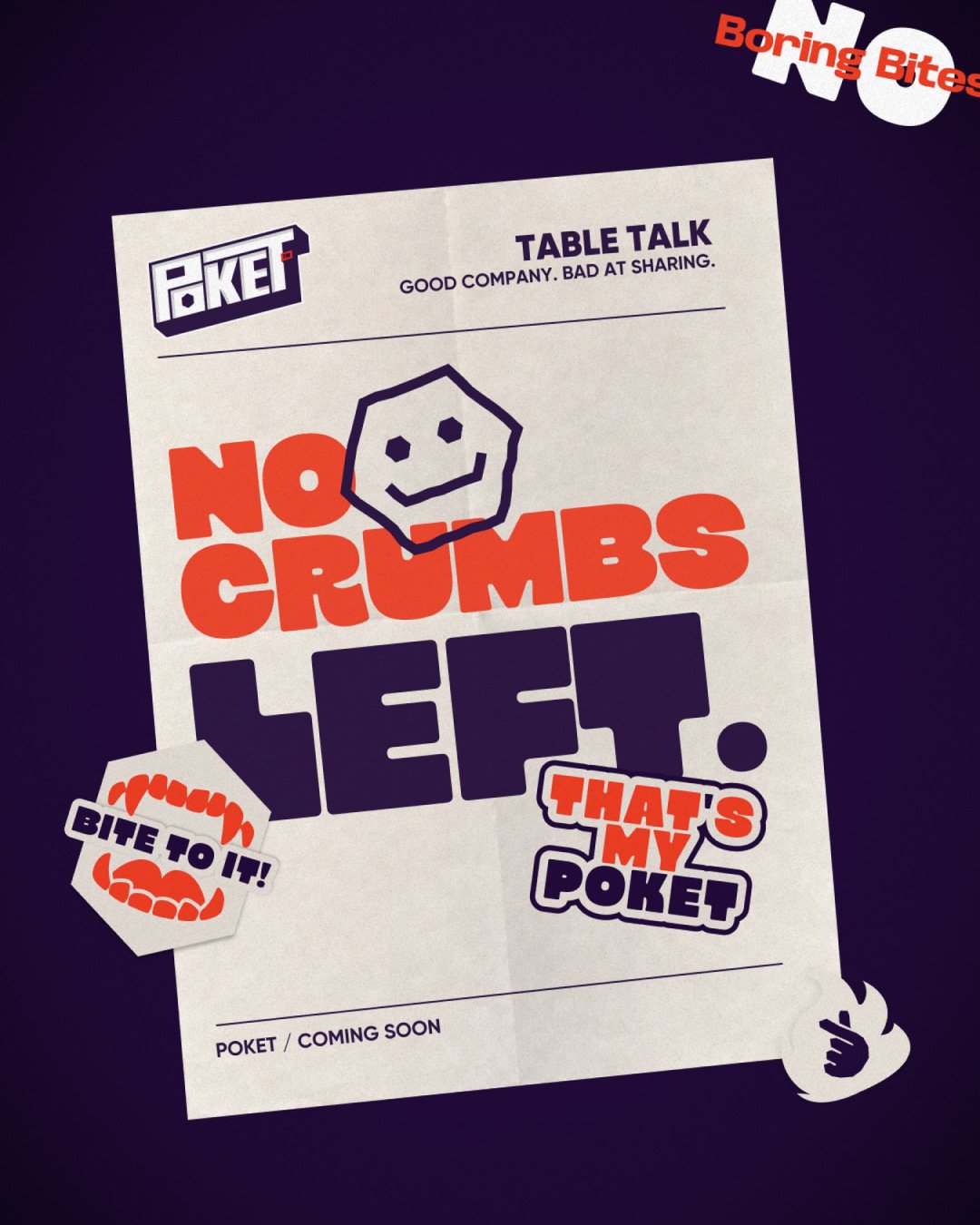 No Crumbs Left Table Talk poster surrounded by colourful stickers.