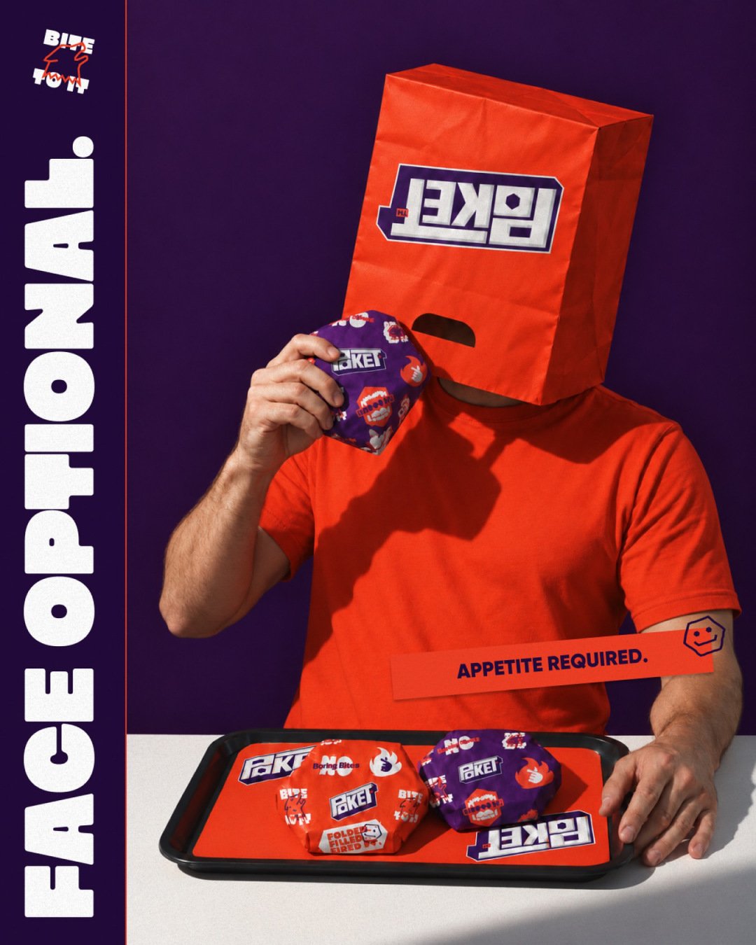 Face Optional campaign with a person wearing a POKET bag and holding a food tray.