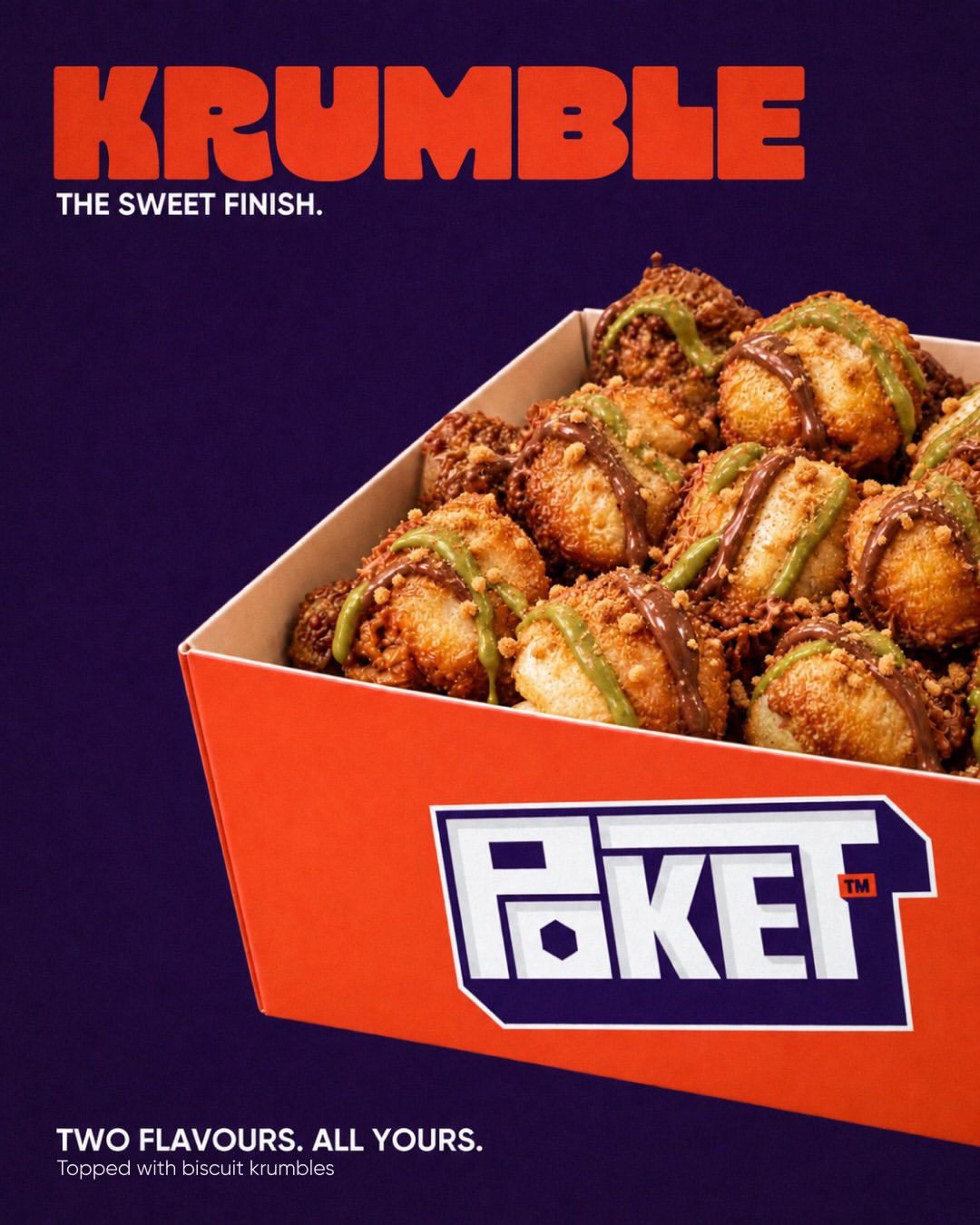 Krumble dessert bites presented in a red-orange POKET box.