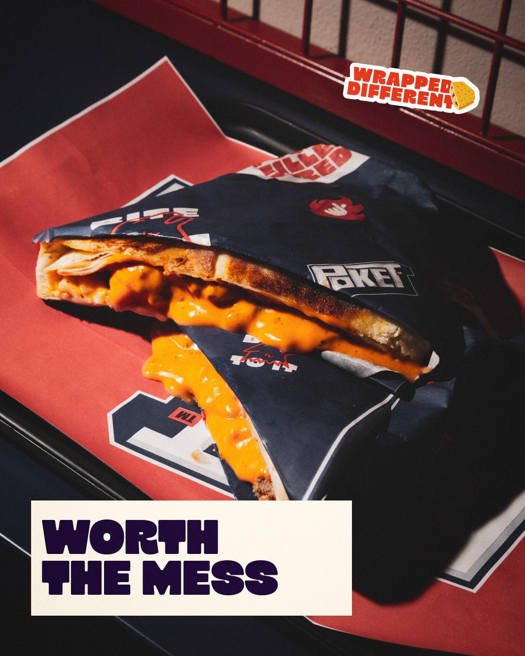 Worth the Mess campaign with a POKET wrap on a branded tray.