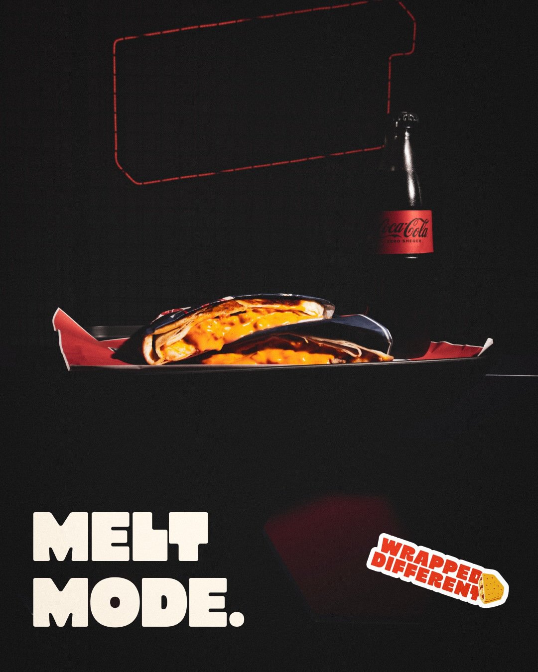 Melt Mode campaign showing a filled wrap and a Coca-Cola bottle.